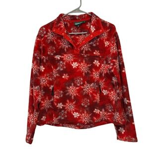 LL Bean Fleece Vintage Pullover Red Snowflake Christmas Print Medium